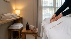 massage motor city session: therapist hands working on a client back in a modest neighbourhood treatment room with a city-view window