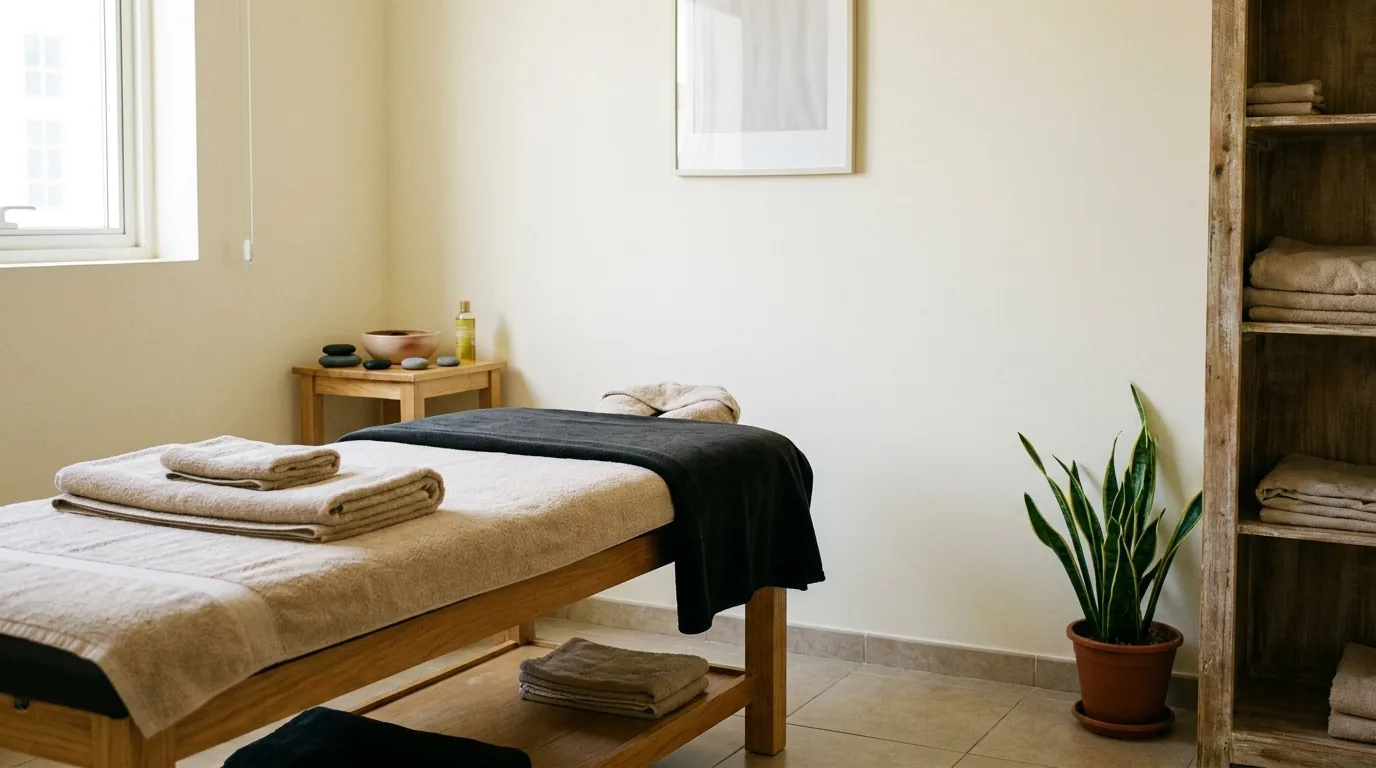 massage motor city inline 1 deep tissue massage room in Motor City Dubai set with towels warm stones and a side window