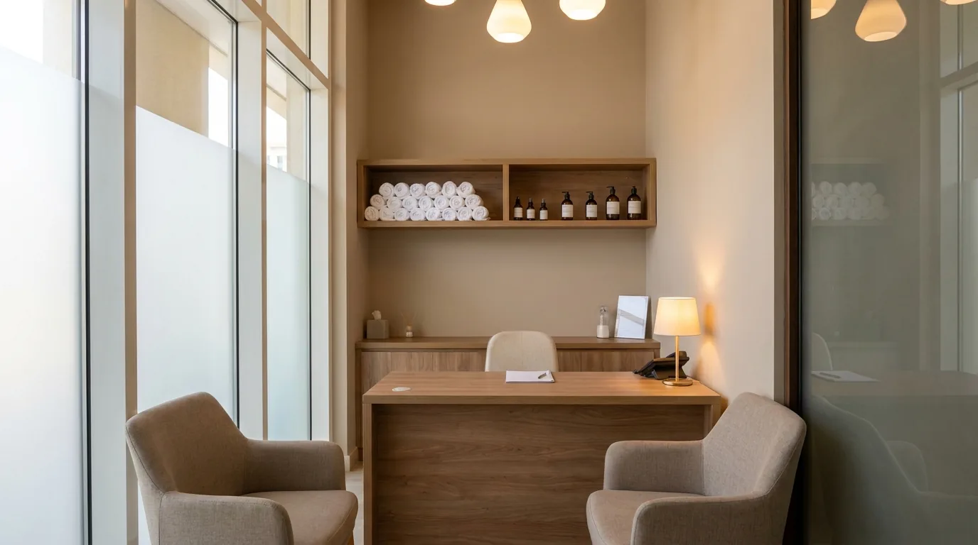 massage motor city inline 2 reception area of a mid range spa in Motor City Dubai with a wooden desk and rolled towels