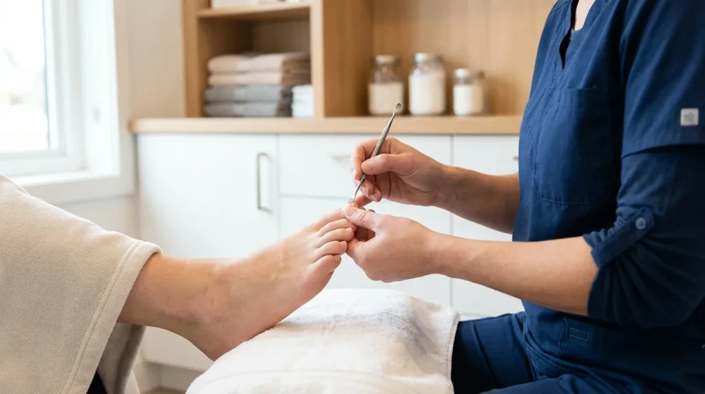 Medical pedicure Dubai: a foot-care technician treats a clients toenails with a sterile tool at a clean studio