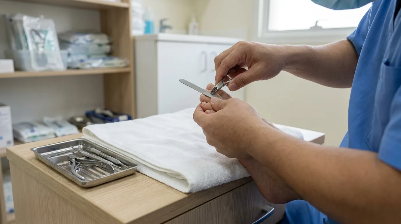Medical pedicure Dubai: a foot technician treats a client's toenails with sterile tools at a clean nail station
