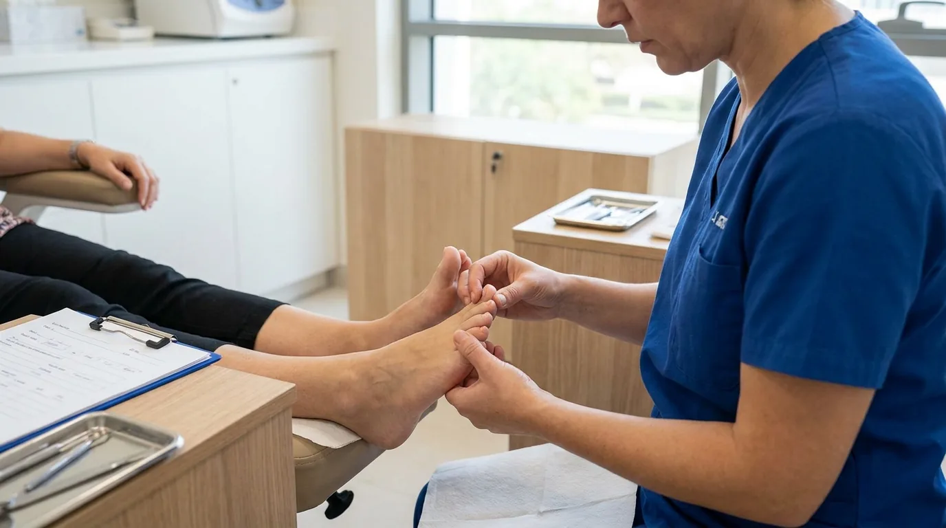 Foot care specialist examining a client's feet during a medical pedicure assessment in Dubai
