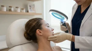 melasma treatment in dubai: dermatologist examining facial pigmentation with a skin-analysis lamp in a clinic