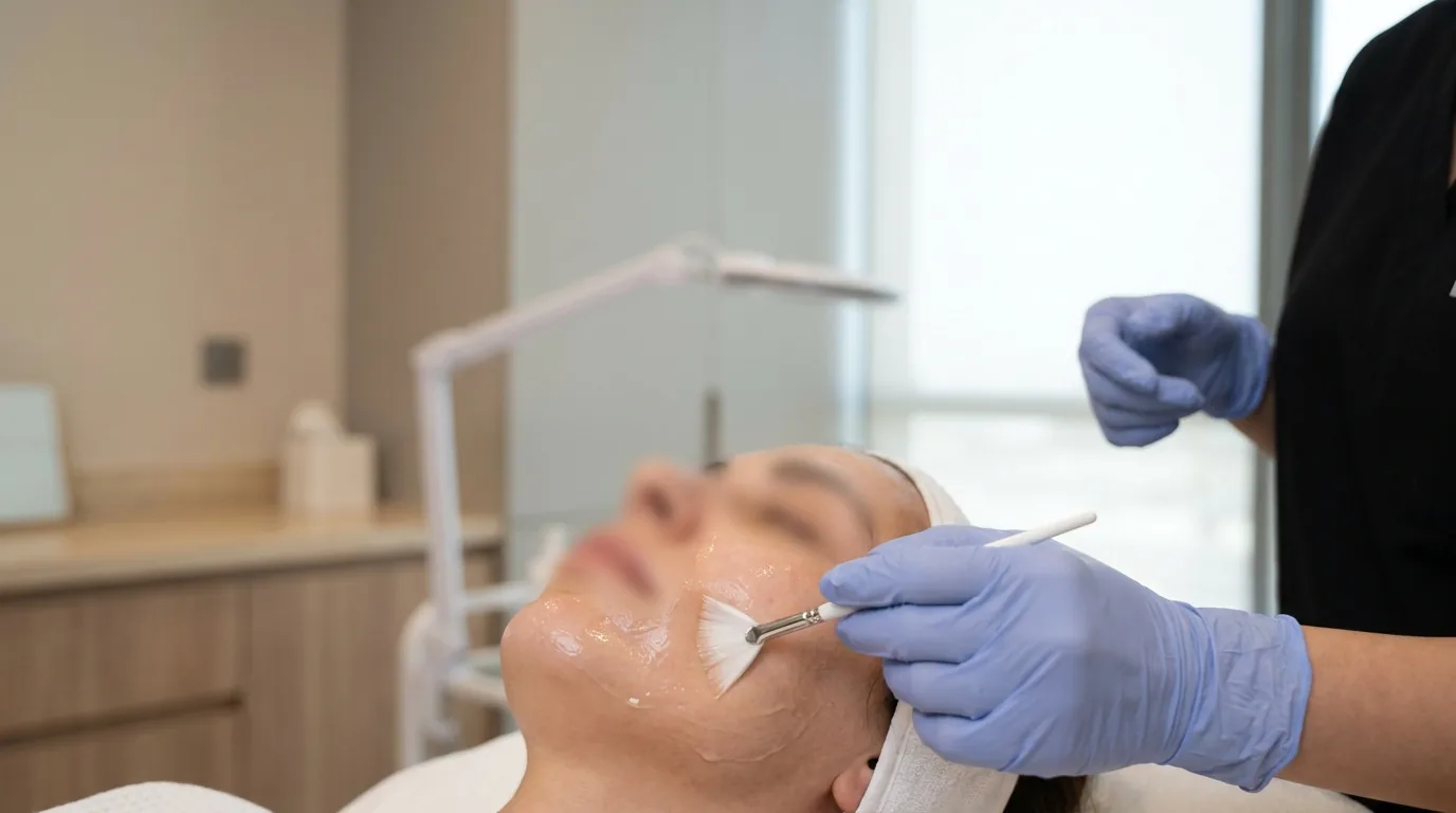 melasma treatment in dubai: aesthetician applying a chemical peel to a client cheek in a clinic