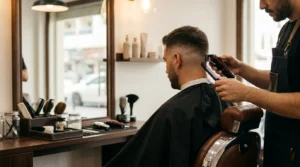 men salon dubai barber giving a male client a skin fade with clippers in a mid-range gents salon