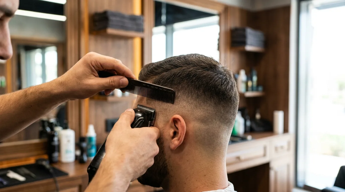 men salon dubai barber giving a client a skin fade haircut with clippers
