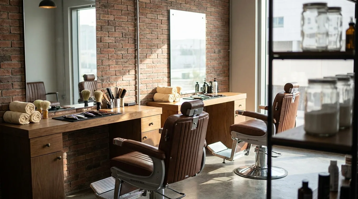 interior of a modern gents salon in dubai with barber chairs and grooming stations