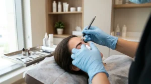 microblading dubai session: gloved brow technician drawing hair-stroke pigment onto a client eyebrow in a clean studio