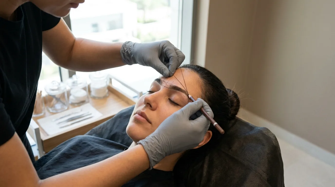 microblading dubai inline 1 brow artist mapping eyebrow shape with thread and pencil before eyebrow microblading dubai treatment