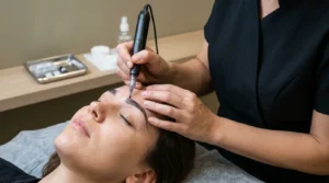 microshading eyebrows in Dubai: technician applying pigment to a mapped brow in a studio