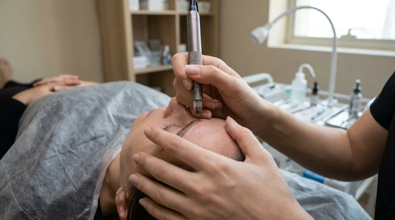 microshading eyebrows session: technician stippling pigment into a mapped brow in a Dubai studio