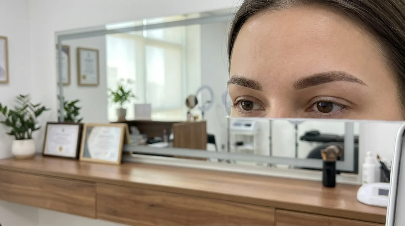 healed powder brows after microshading aftercare in a Dubai salon mirror
