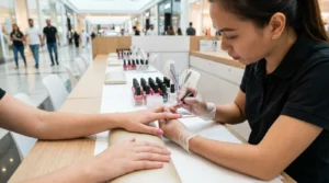nail bar dubai: gloved technician applying pink gel polish at an open mall counter with polish display and shoppers behind