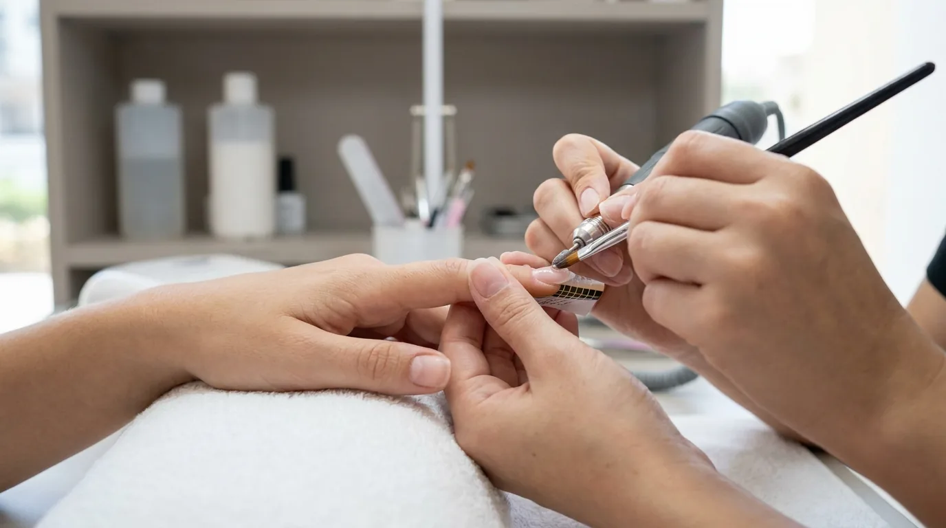 nail technician sculpting a clear gel nail extension over a nail form with an e-file at a dubai studio
