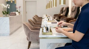 nail salon dubai mall: nail technician applying gel polish at a premium downtown mall salon station