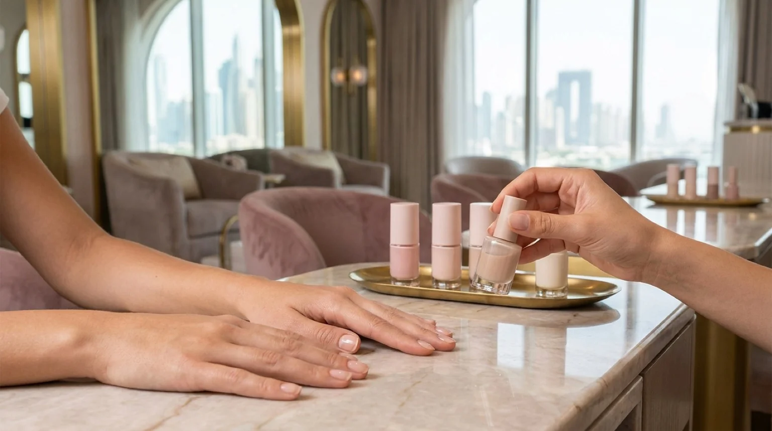 nail salon dubai mall inline 2 finished manicure dubai mall with glossy gel nails and polish bottles on a marble counter