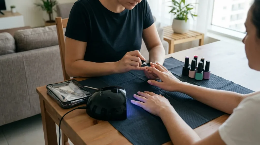 nail salon home service dubai: mobile technician applying gel polish to a client at a home dining table with led lamp and tool pouch