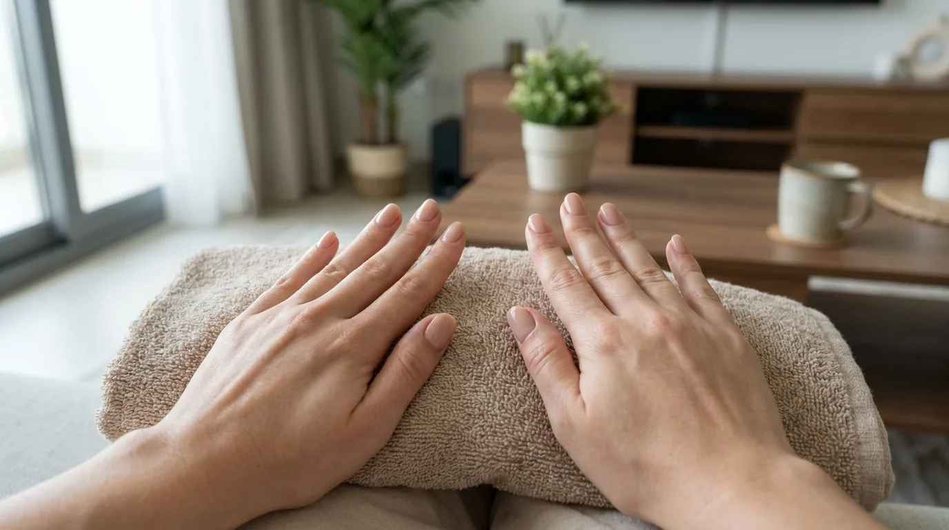 nail salon home service dubai inline 2 finished home manicure pedicure with neutral gel polish on bare hands resting on a towel in a dubai apartment