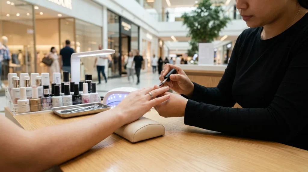 nail spa mall of emirates: nail technician giving a gel manicure at a mall salon counter