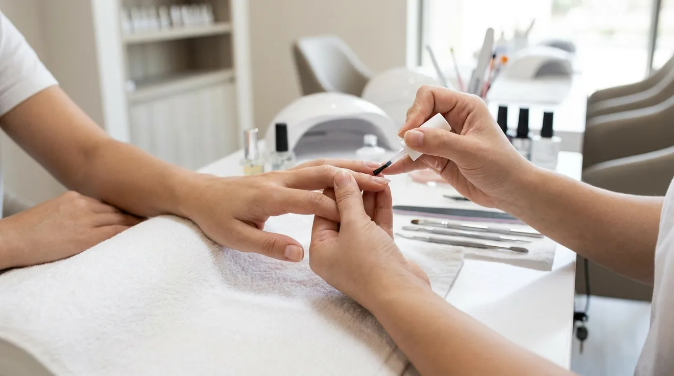 nail studio prices inline 1 nail studio prices dubai: gel manicure in progress at a mid-tier Dubai nail studio