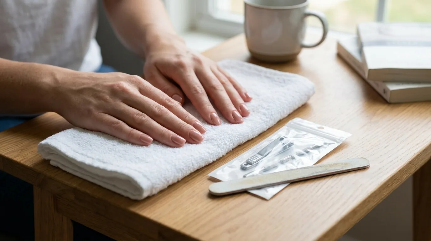at home nail service: finished gel manicure with single-use file and sealed sterile tools on a clean towel