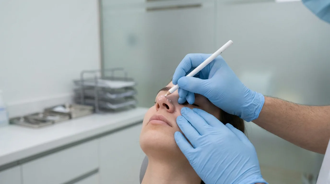 nose botox dubai consultation: doctor marking injection points on a patient's nose in a licensed clinic room