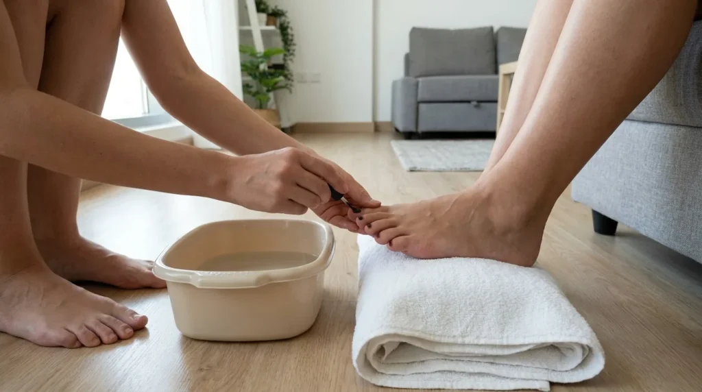 pedicure at home service in a dubai apartment with a technician applying polish beside a portable foot basin