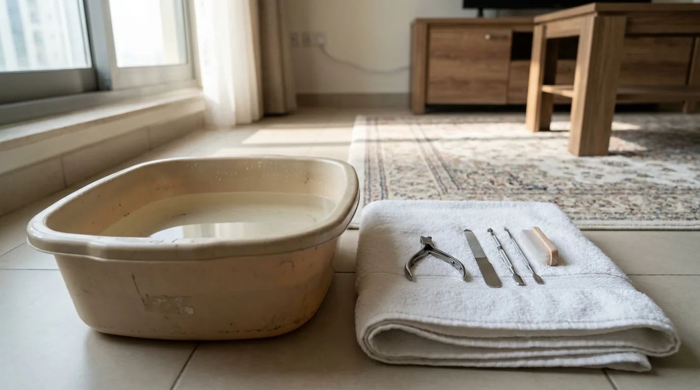 pedicure at home service inline 1 pedicure at home service in a dubai apartment with a portable foot basin and towel setup