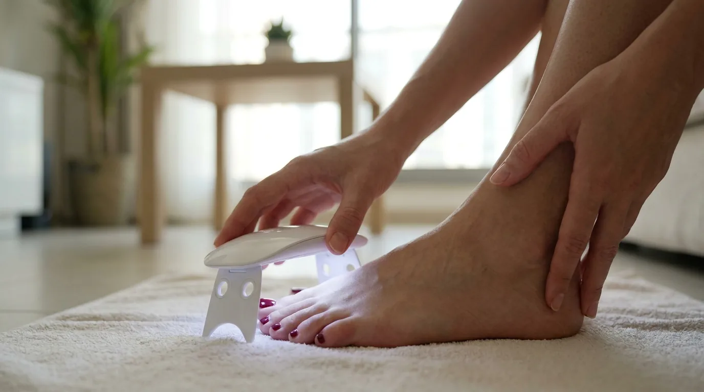 pedicure at home service inline 2 gel pedicure at home service with polish cured under an led lamp on a towel