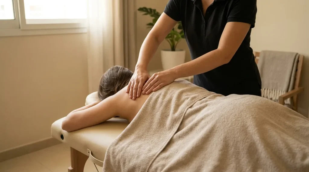 post natal massage dubai gentle recovery session with a therapist easing a new mother upper back in a home setting