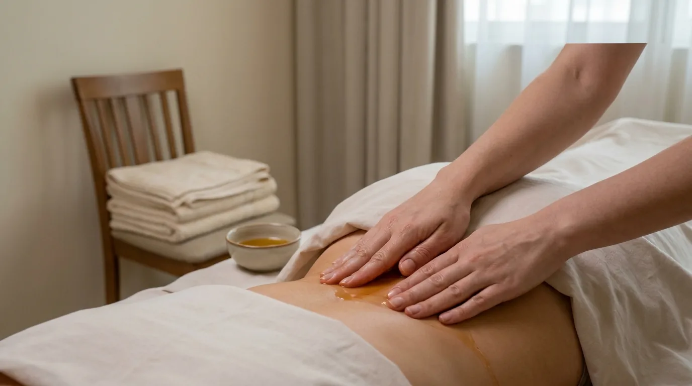 post natal massage dubai therapist applying warm oil to a new mother lower back on a home table