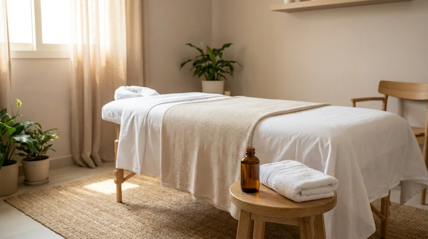 postnatal massage treatment room in dubai with a made-up table warm oil and folded towels
