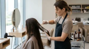 protein treatment for hair in dubai: stylist applying a protein mask with a tint brush to long hair in a salon