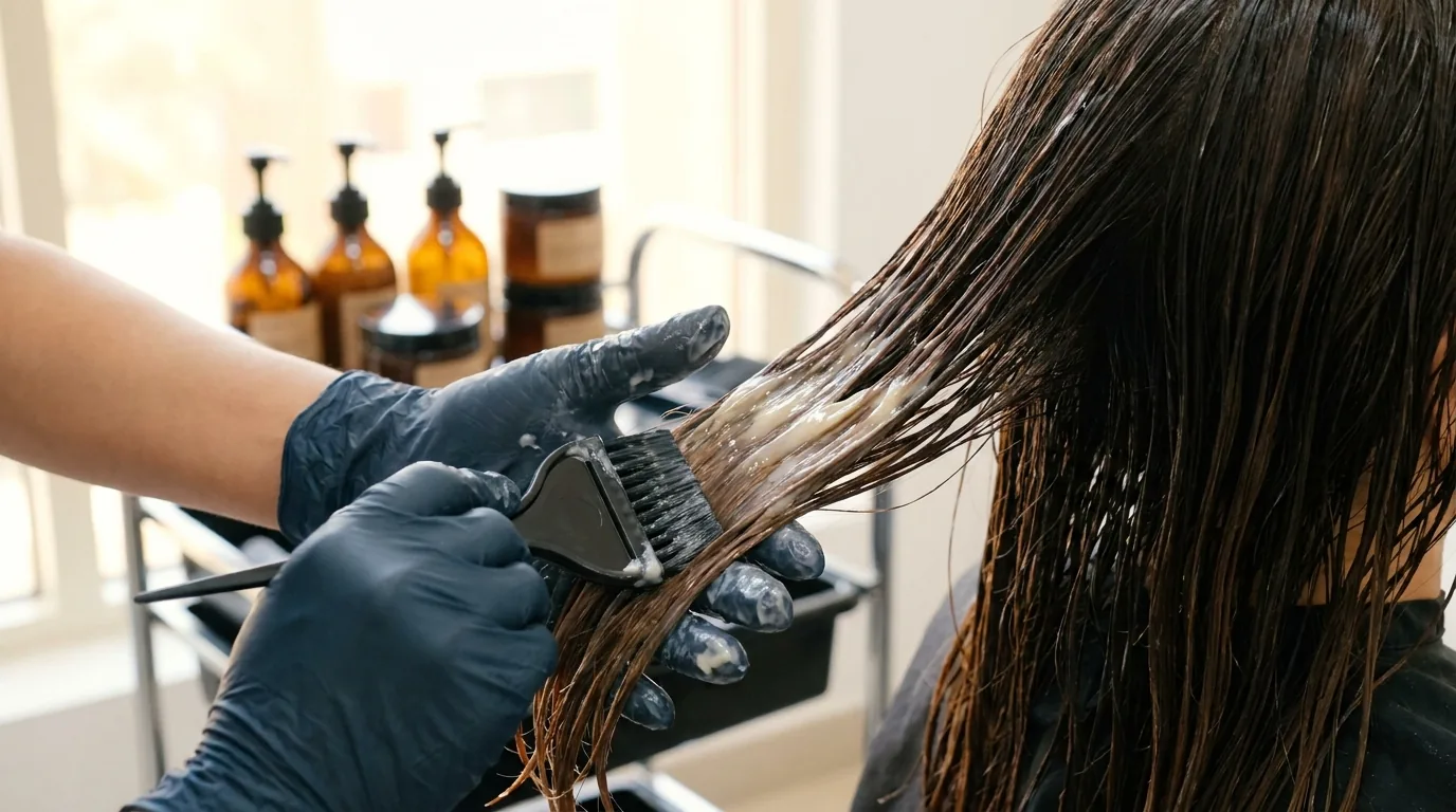 protein treatment for hair inline 1 protein treatment for hair at a dubai salon: stylist applying protein mask to client mid-lengths under salon lighting