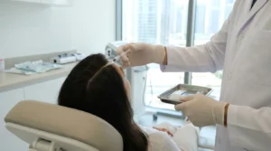prp treatment dubai: gloved doctor injecting golden platelet-rich plasma into a patient scalp in a clean dubai aesthetic clinic with high-rise windows
