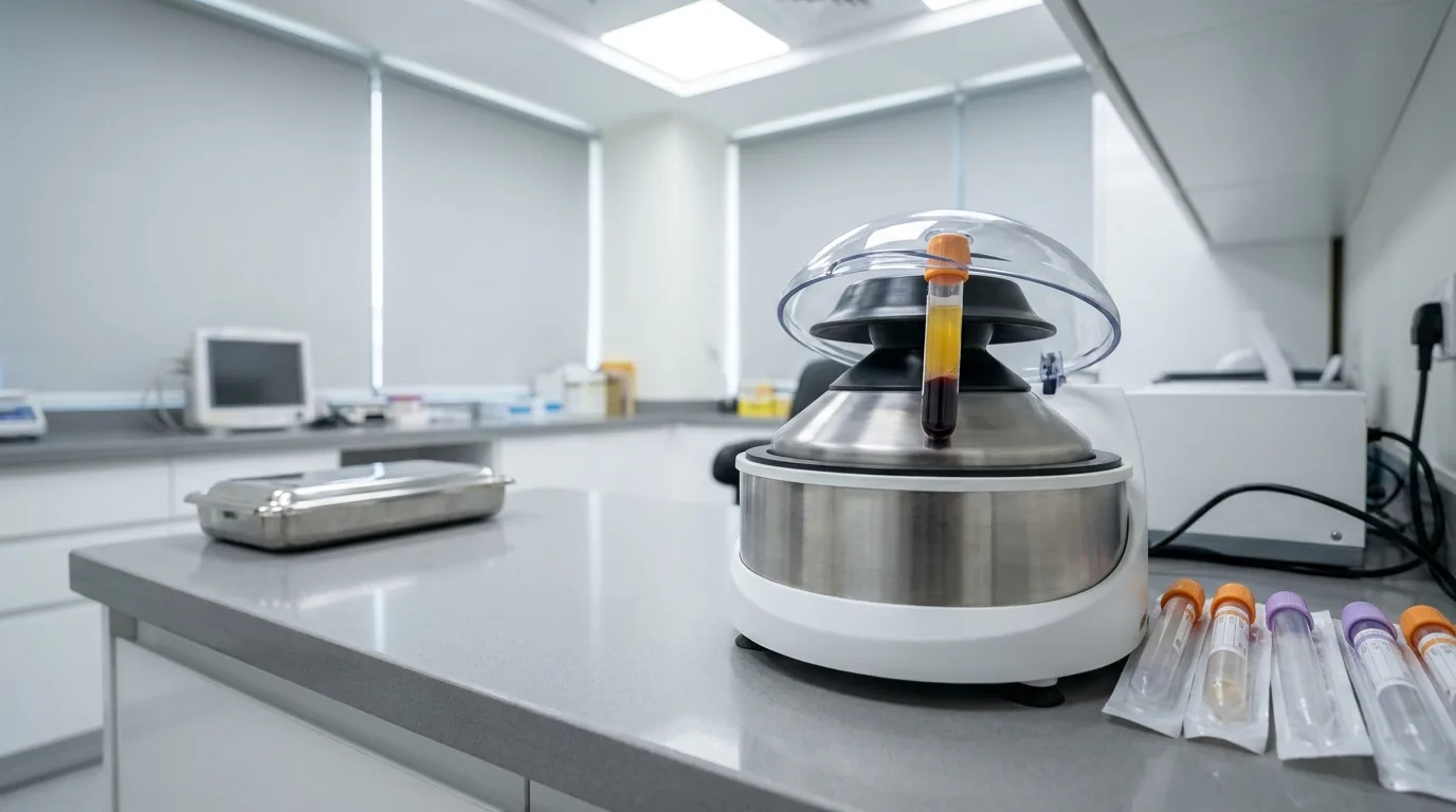 centrifuge spinning a blood tube separated into golden platelet-rich plasma and red cells on a dubai clinic countertop