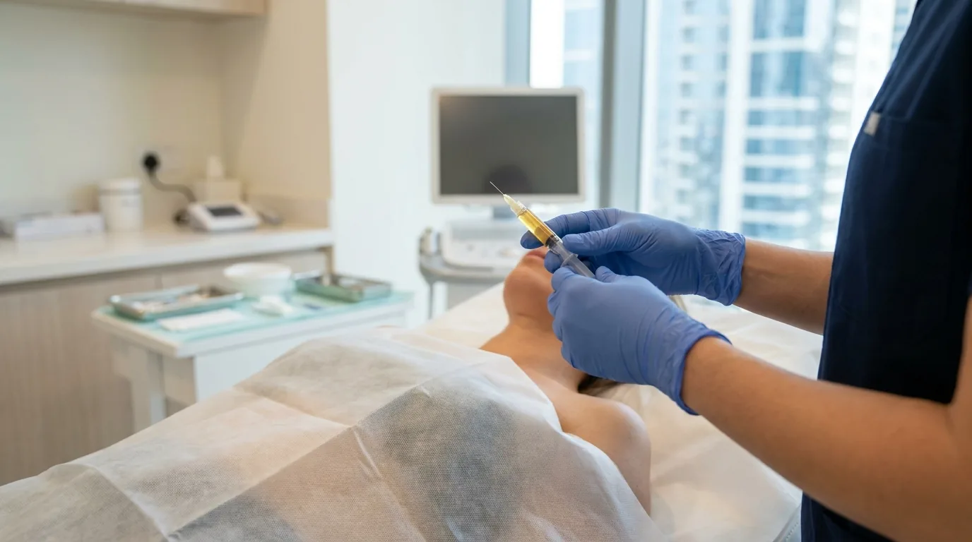 clinician preparing a prp facial dubai injection with a syringe of golden plasma over a patient on a treatment bed