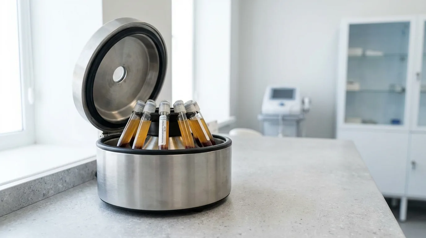 prp treatment price inline 1 prp treatment price comparison: vials of processed platelet-rich plasma beside a centrifuge in a Dubai aesthetic clinic