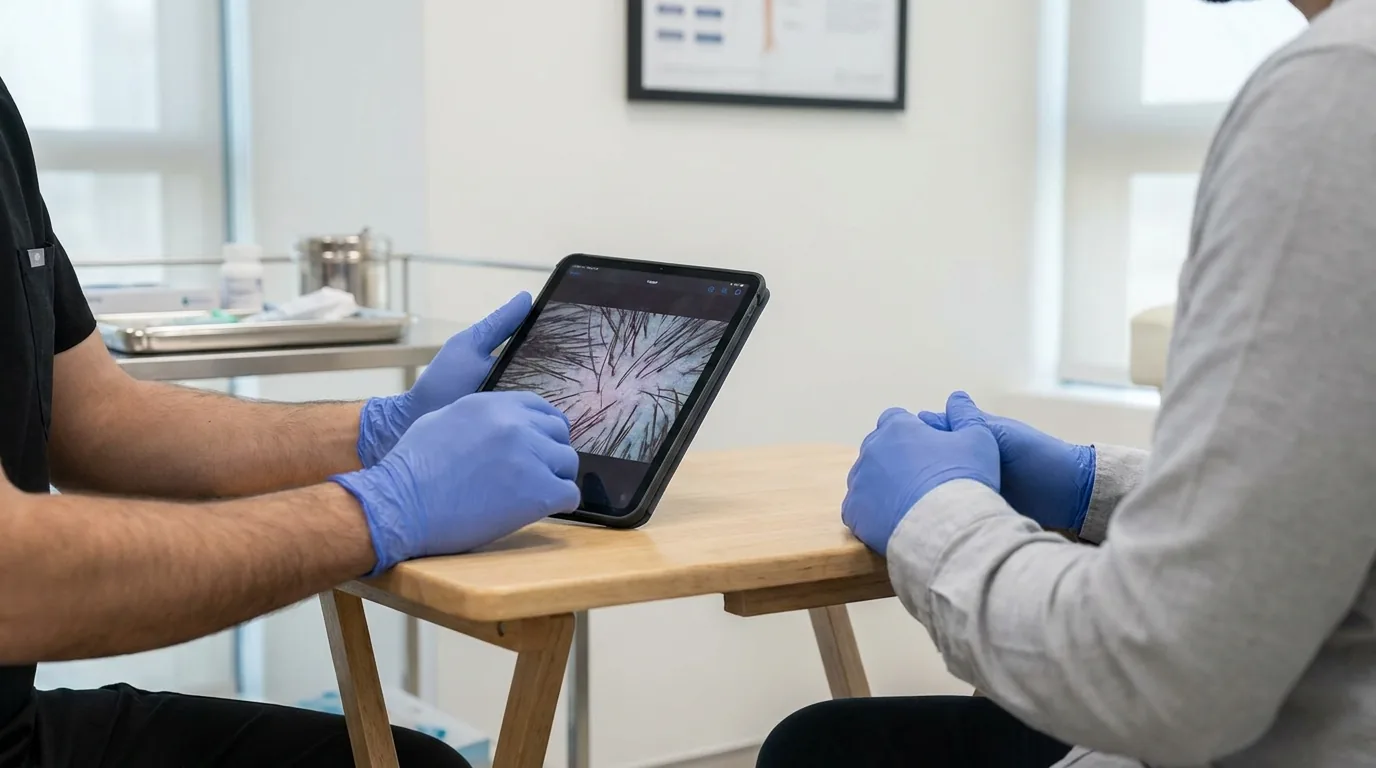prp treatment price inline 2 prp treatment cost consultation: clinician reviewing a scalp analysis with a patient before a prp session in Dubai
