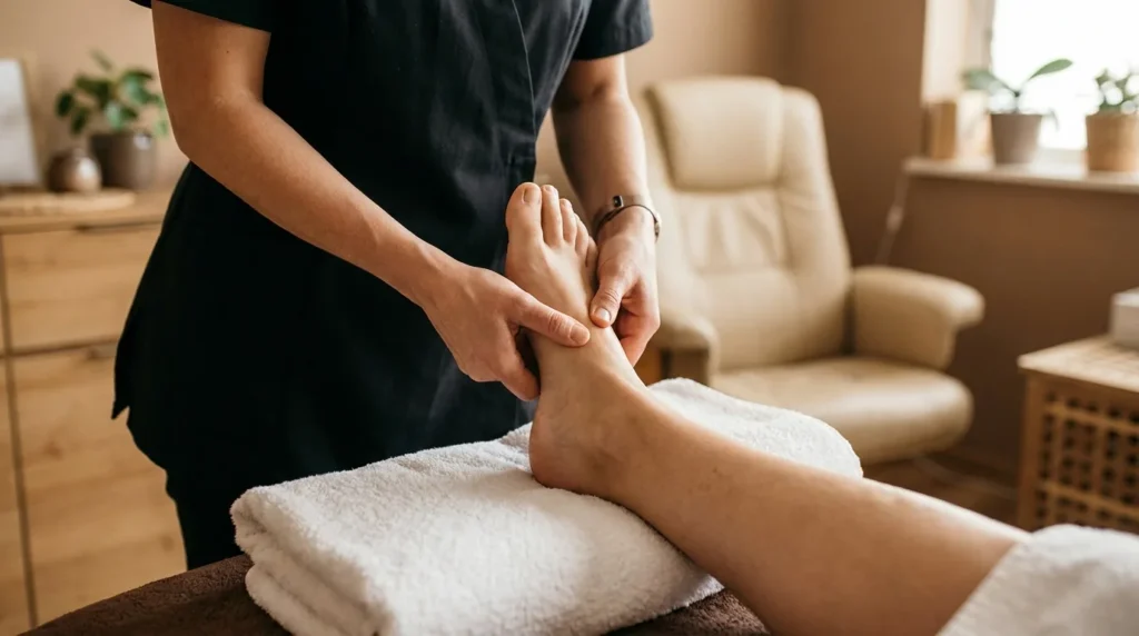 reflexology dubai session: therapist applying firm thumb pressure to a client bare foot on a folded towel in a calm Dubai treatment room