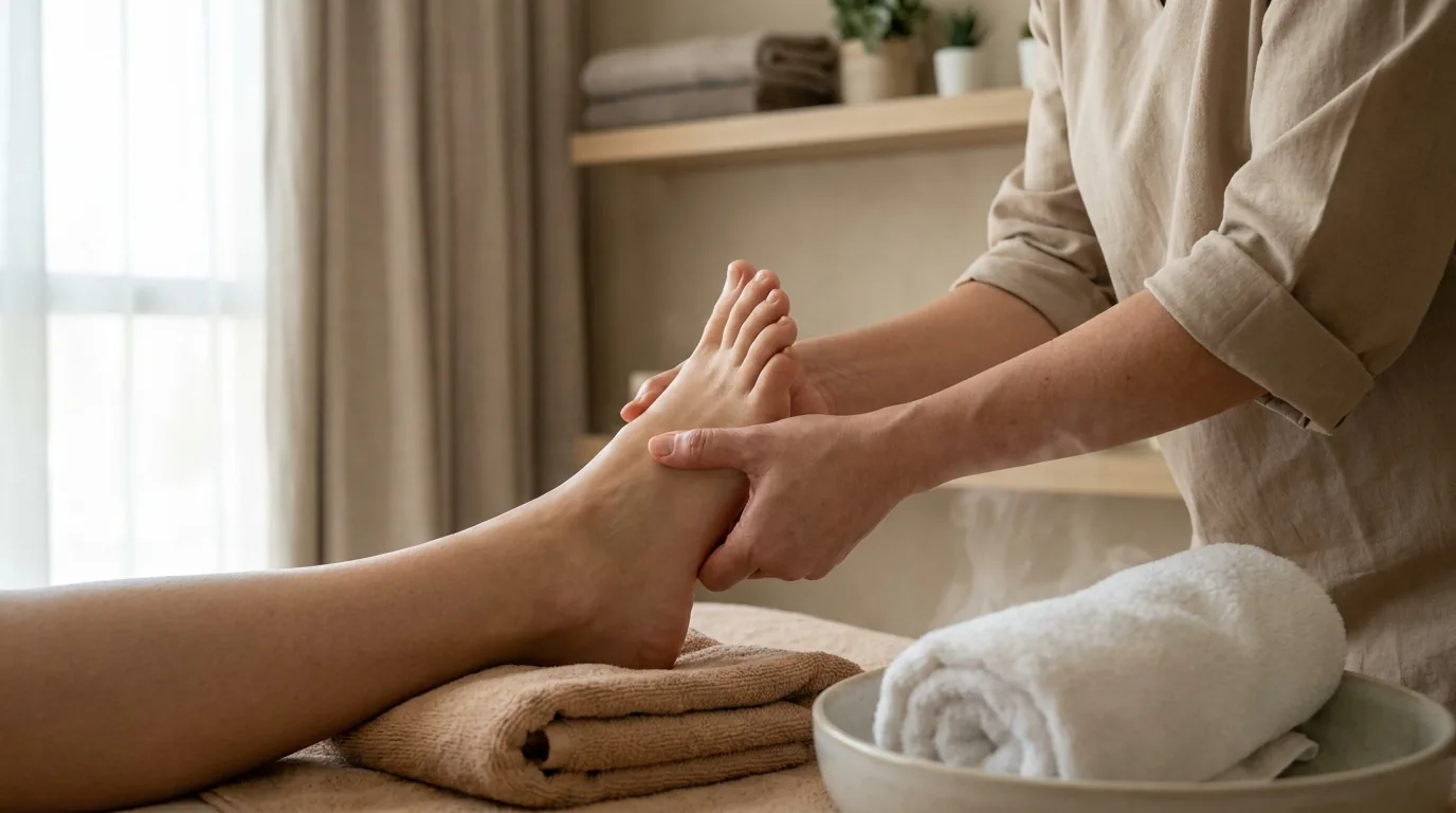 reflexology dubai inline 1 reflexology dubai session: therapist applying thumb pressure to a reclining client foot in a calm treatment room