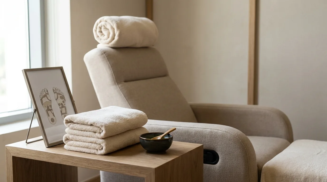 reflexology dubai inline 2 foot reflexology dubai setup: warm towels and reflex chart beside a treatment recliner in a Dubai foot spa