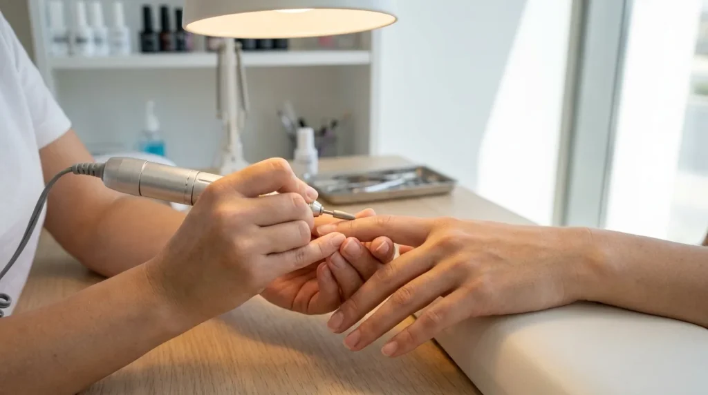 russian manicure dubai session: nail technician using a fine electric file on a clients cuticle in a clean modern studio