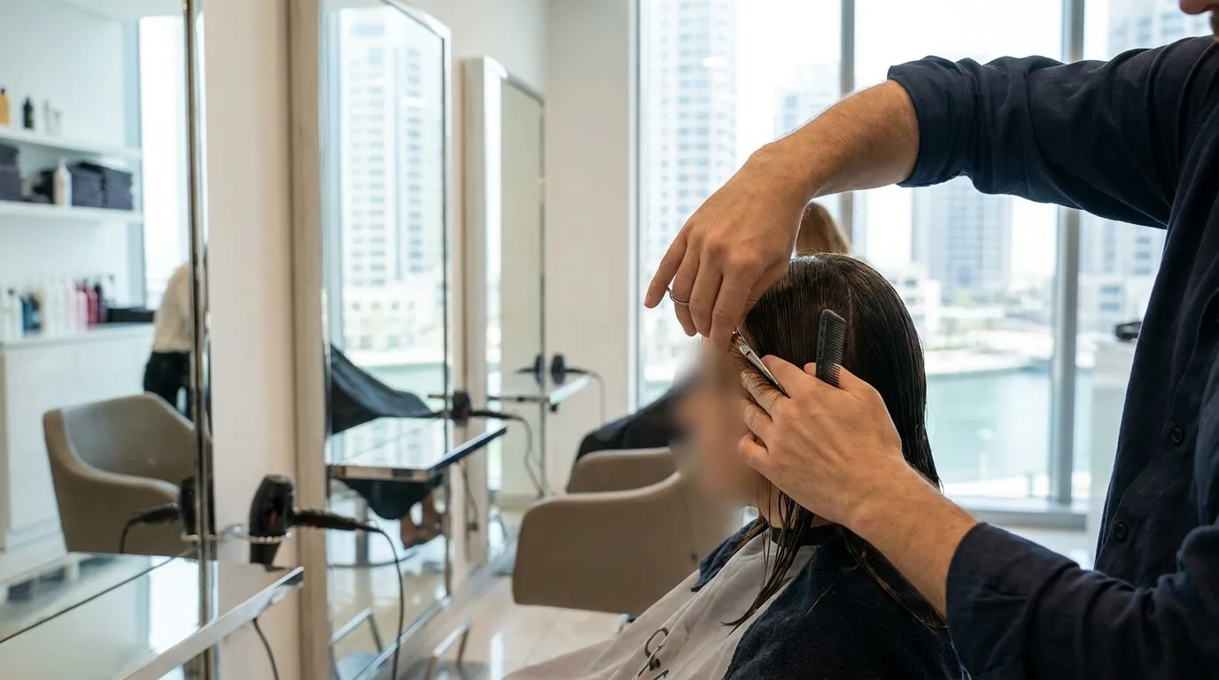 Salon in Business Bay, Dubai with stylists working in a bright canal-view interior
