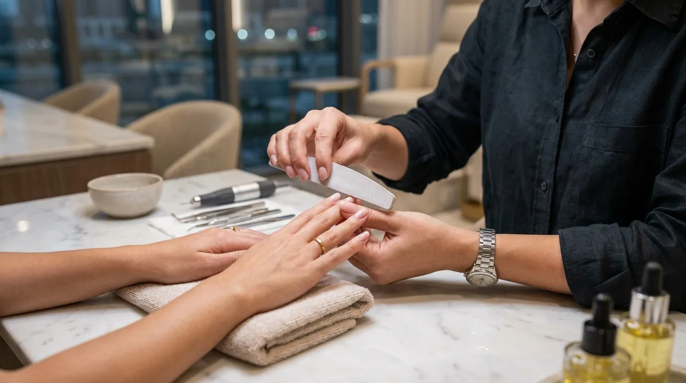 Nail technician finishing a Russian manicure at a beauty salon in Business Bay
