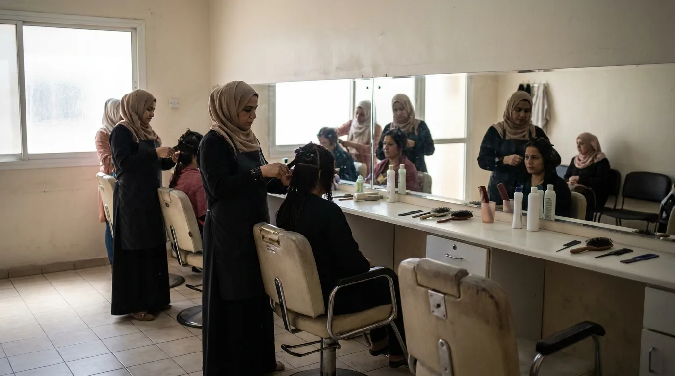 ladies salon in deira interior with hairstylists working at a mirror wall and worn styling chairs near al rigga