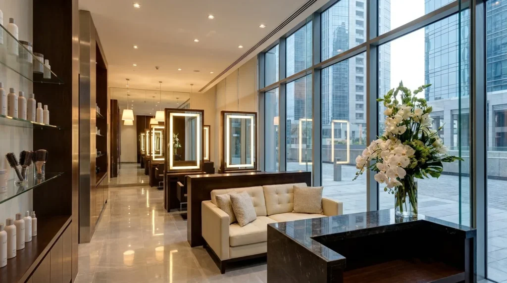 salon in difc: polished hair and beauty salon interior with the financial centre skyline through floor-to-ceiling windows