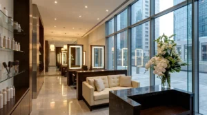 salon in difc: polished hair and beauty salon interior with the financial centre skyline through floor-to-ceiling windows