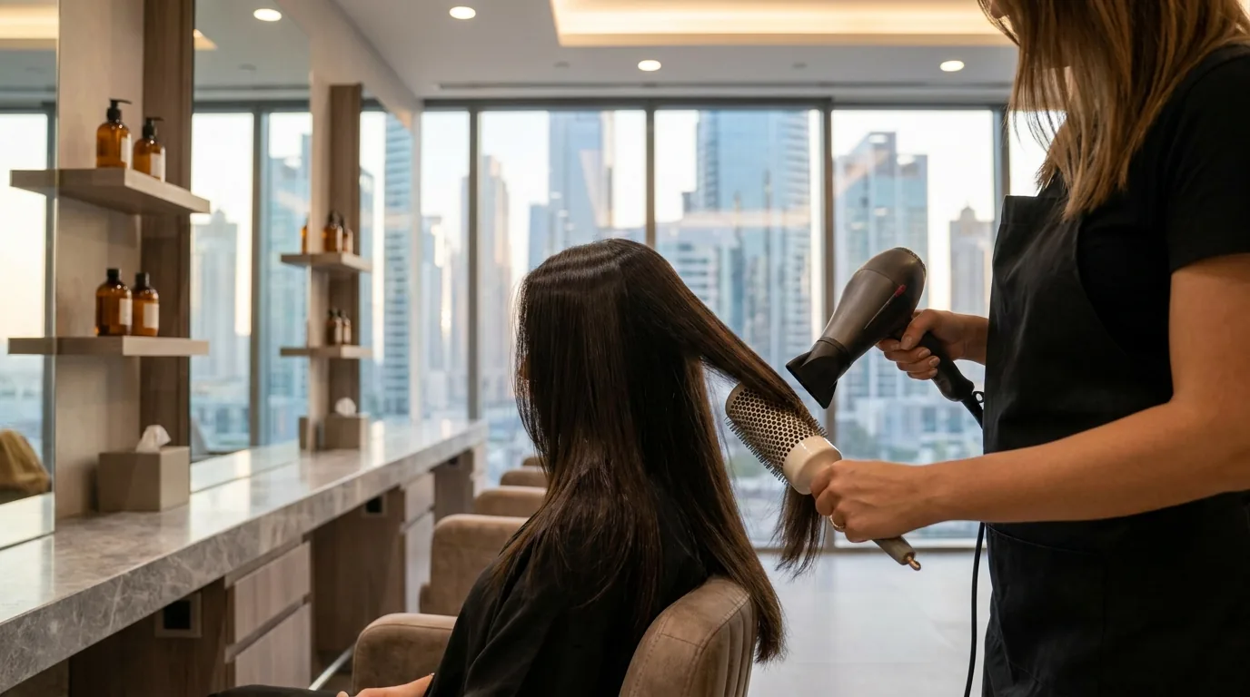 ladies salon in difc with stylist finishing a blow-dry beside floor-to-ceiling windows over the financial centre