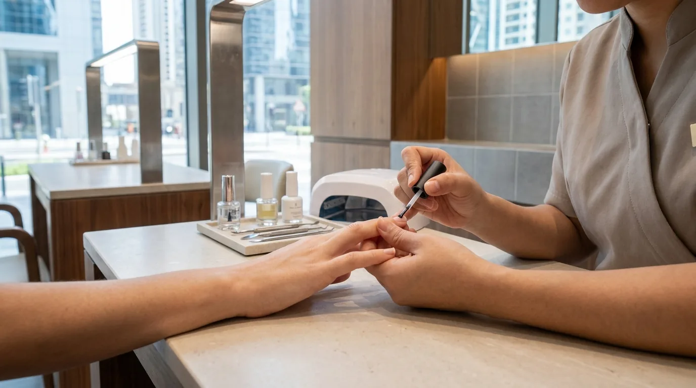 nail salon in difc technician applying gel polish at a clean modern manicure station